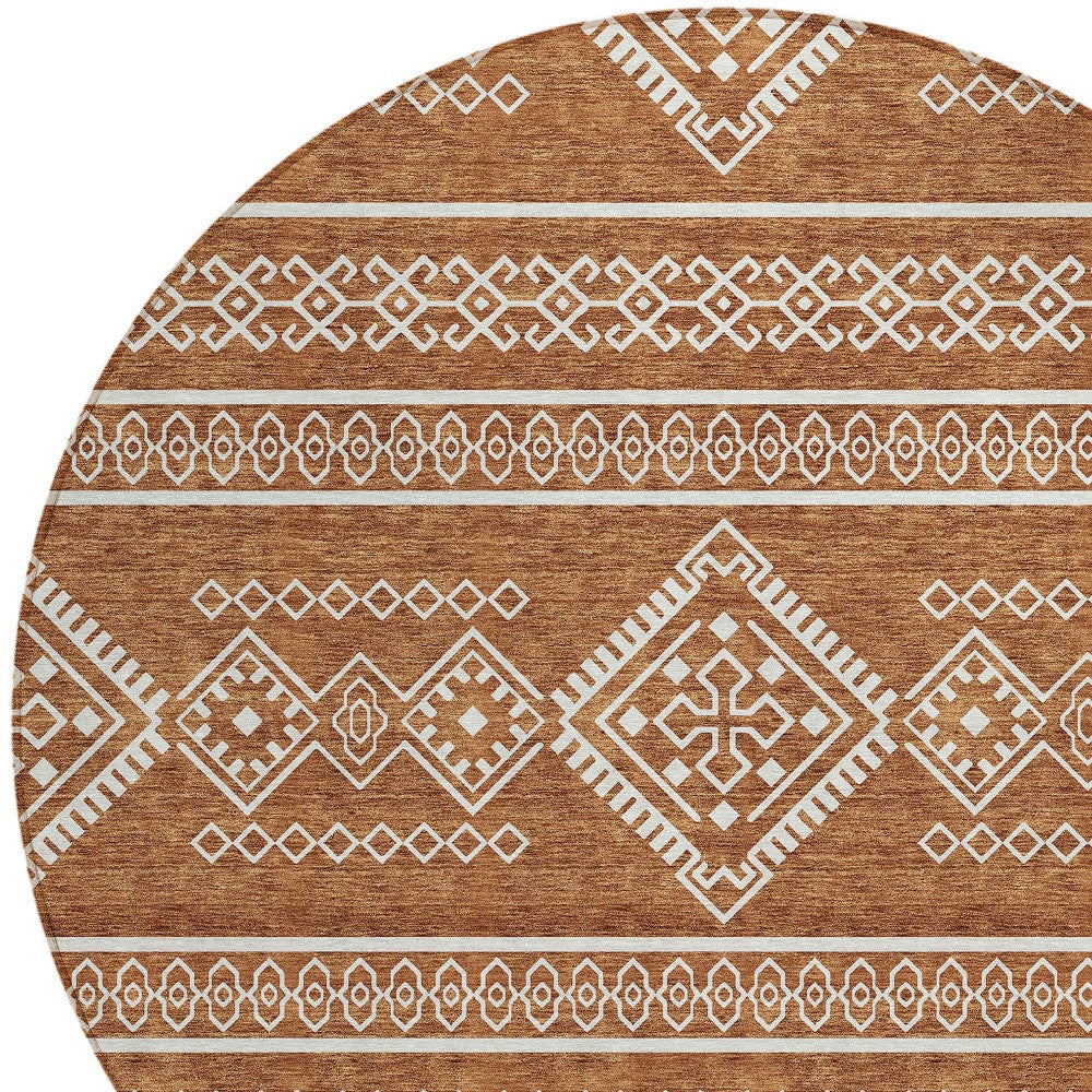 8' Orange And Ivory Round Southwestern Washable Indoor Outdoor Area Rug - Sports & Outdoor