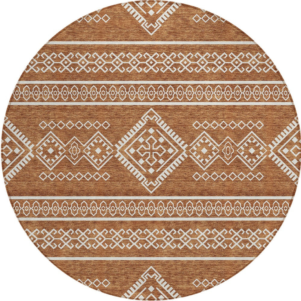 8' Orange And Ivory Round Southwestern Washable Indoor Outdoor Area Rug - Sports & Outdoor