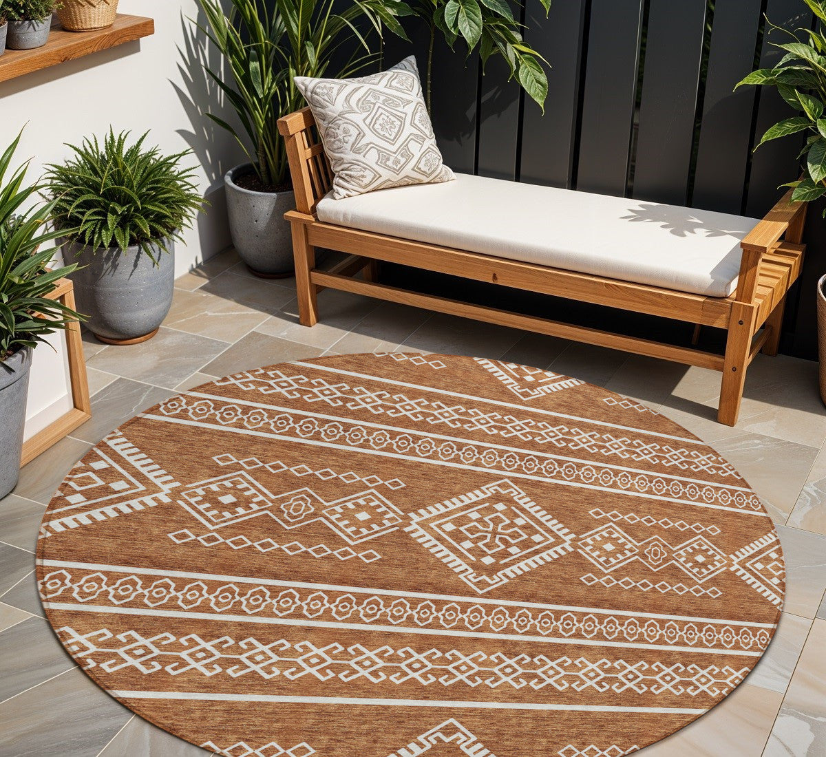 8' Orange And Ivory Round Southwestern Washable Indoor Outdoor Area Rug - Sports & Outdoor