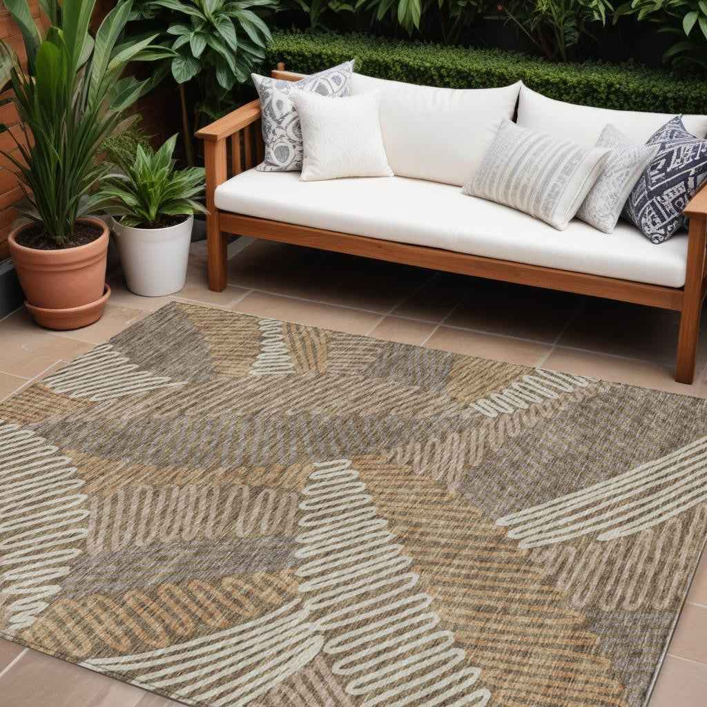 9' X 12' Brown And Ivory Floral Washable Indoor Outdoor Area Rug