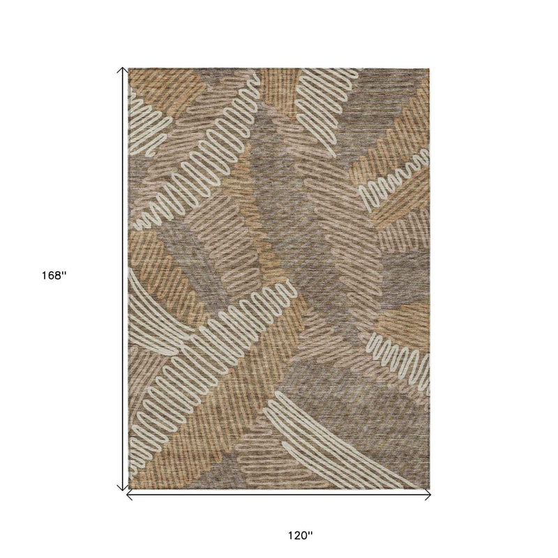 10' X 14' Brown And Ivory Floral Washable Indoor Outdoor Area Rug