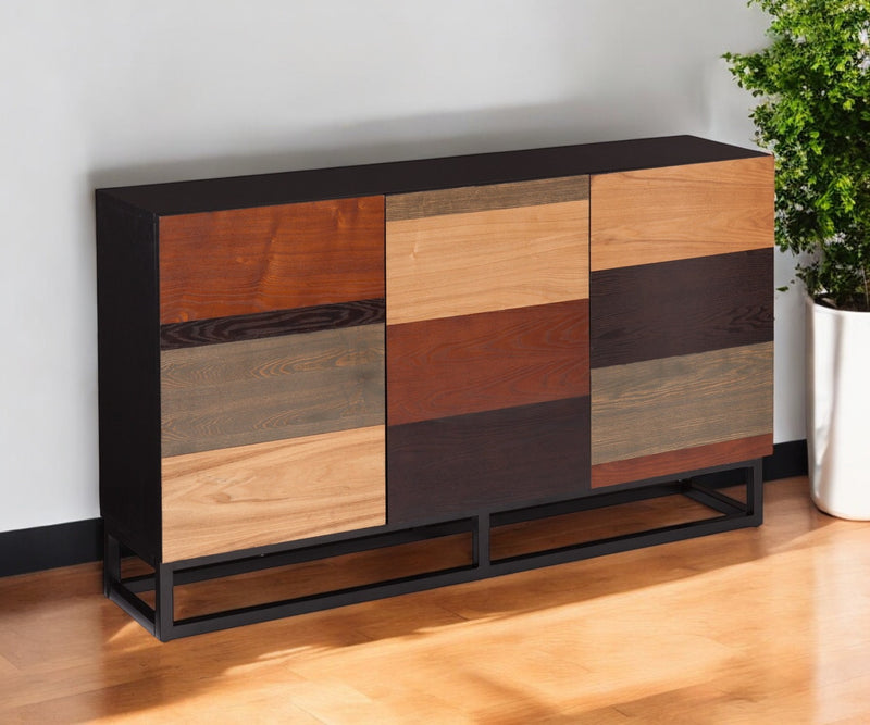 52" Brown Gray And Black Patch Three Door Sideboard Cabinet - Kitchen & Dining