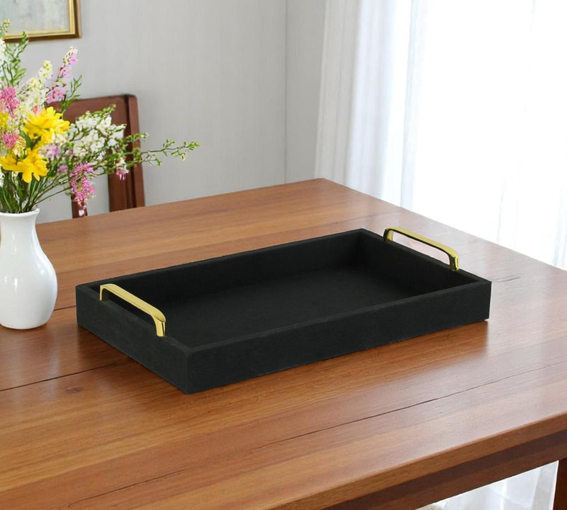16" Black Wood And Linen Serving Tray With Handles - Kitchen & Dining