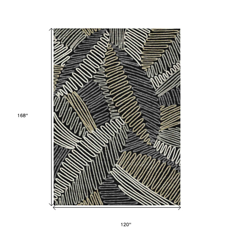 10' X 14' Black Gray And Ivory Floral Washable Indoor Outdoor Area Rug