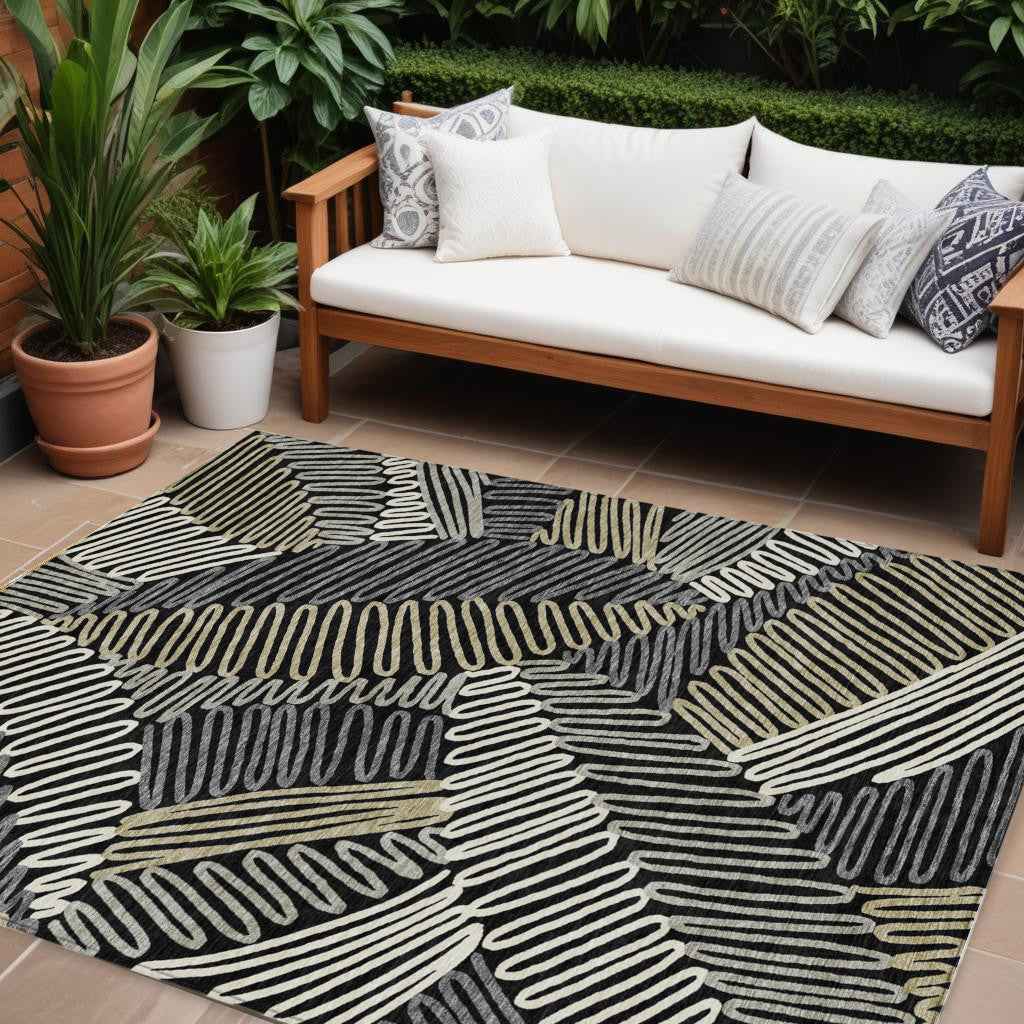 10' X 14' Black Gray And Ivory Floral Washable Indoor Outdoor Area Rug