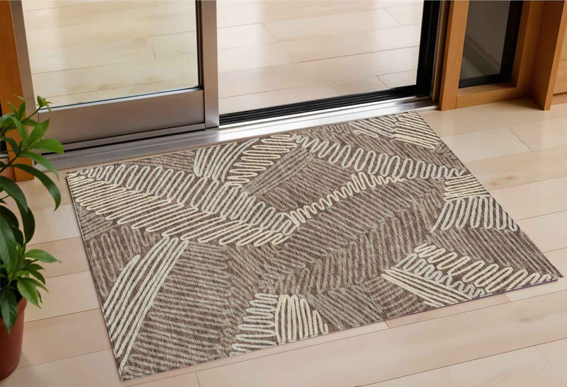 3' X 5' Chocolate And Ivory Floral Washable Indoor Outdoor Area Rug