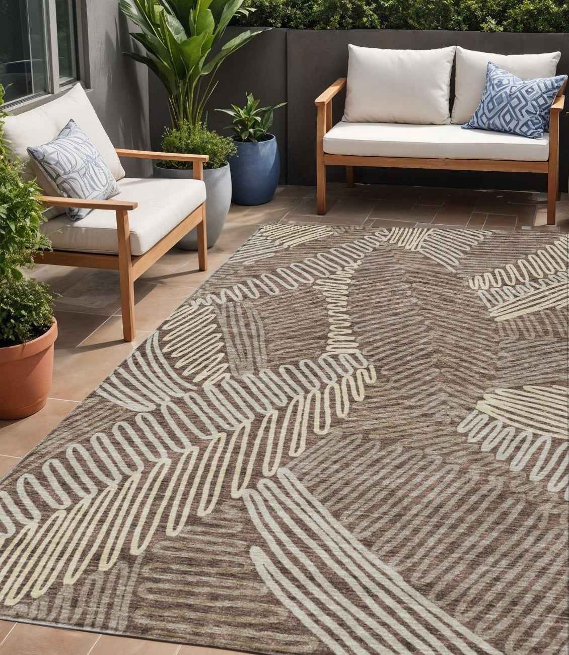 5' X 8' Chocolate And Ivory Floral Washable Indoor Outdoor Area Rug