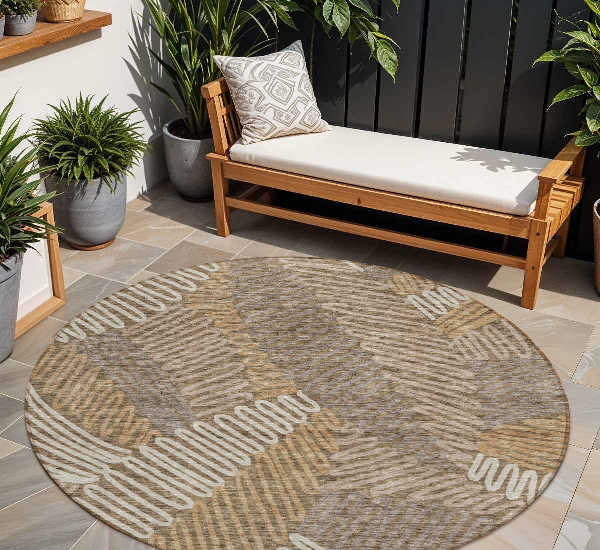 8' Brown And Ivory Round Floral Washable Indoor Outdoor Area Rug