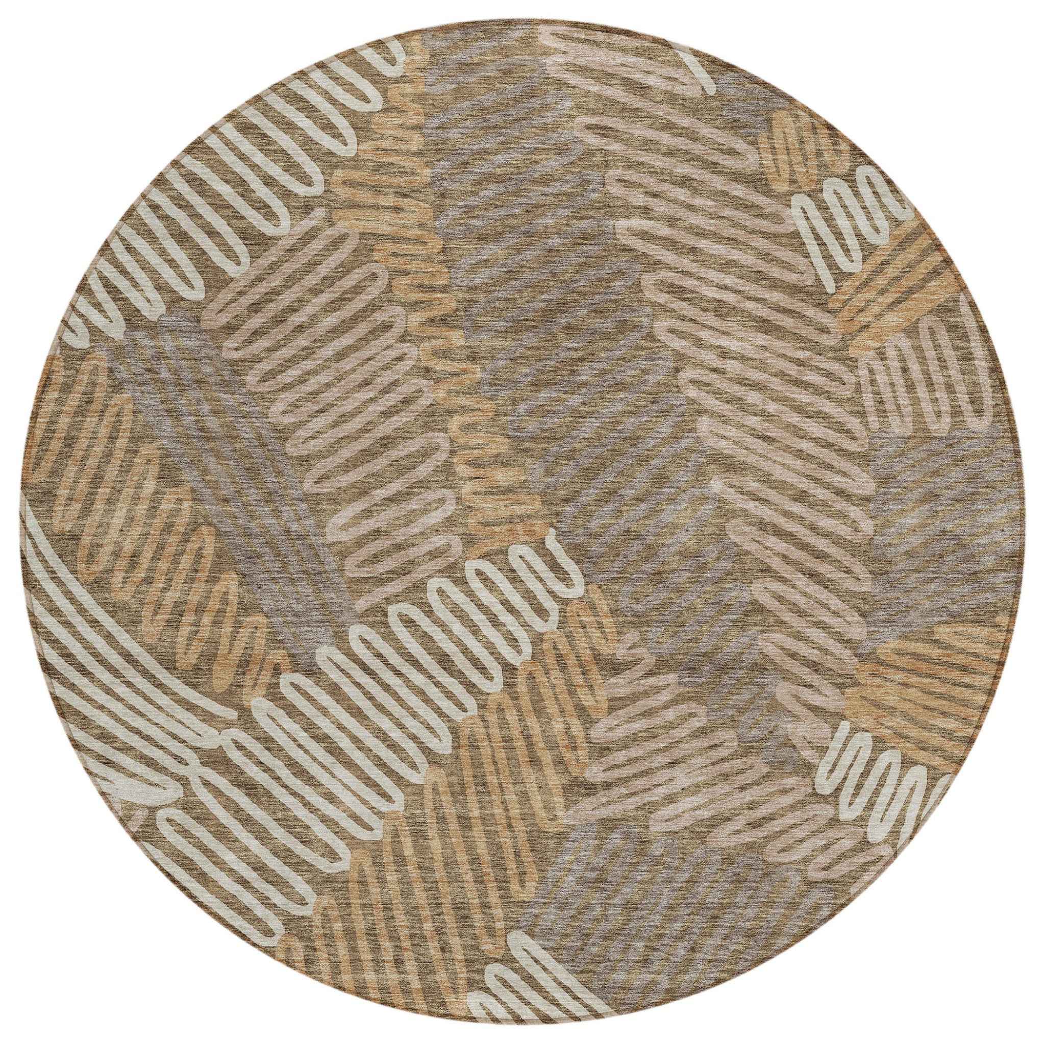 8' Brown And Ivory Round Floral Washable Indoor Outdoor Area Rug