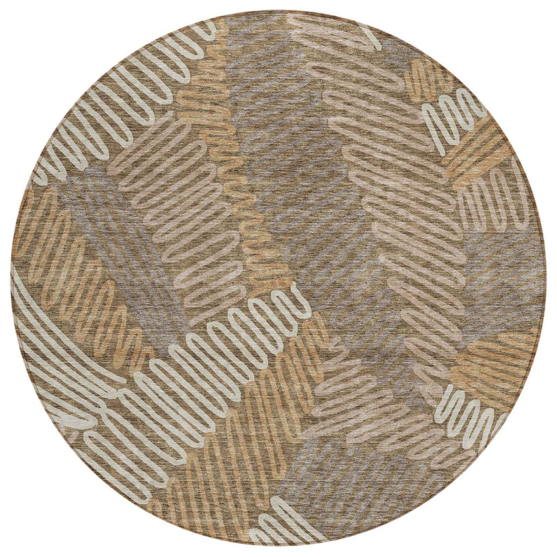 8' Brown And Ivory Round Floral Washable Indoor Outdoor Area Rug