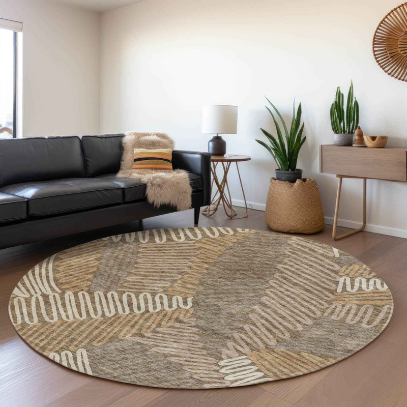 8' Brown And Ivory Round Floral Washable Indoor Outdoor Area Rug