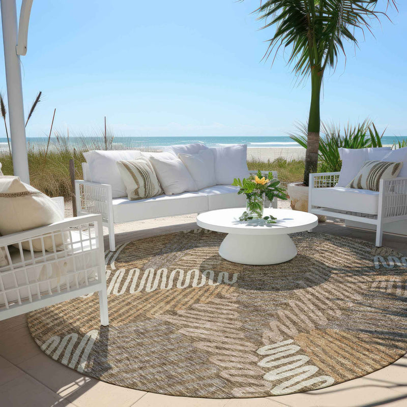 8' Brown And Ivory Round Floral Washable Indoor Outdoor Area Rug