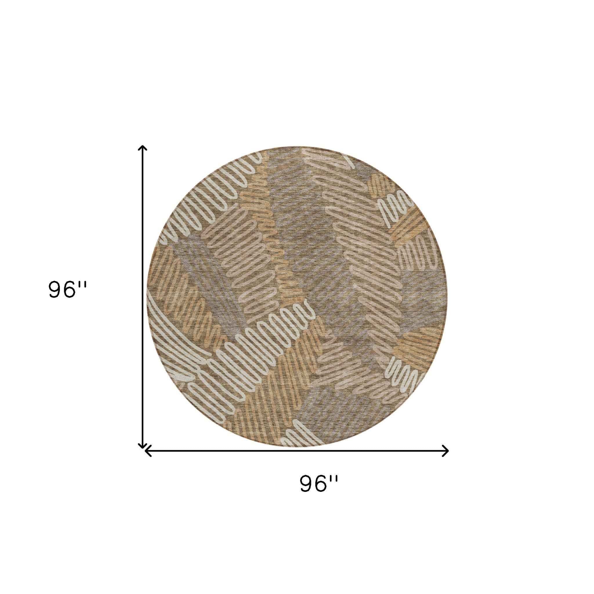 8' Brown And Ivory Round Floral Washable Indoor Outdoor Area Rug