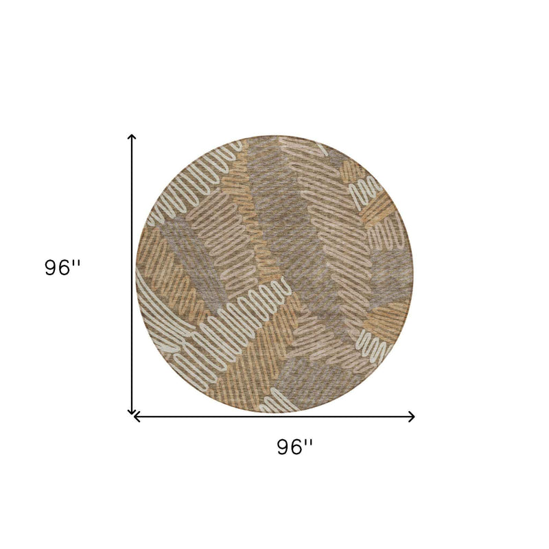 8' Brown And Ivory Round Floral Washable Indoor Outdoor Area Rug