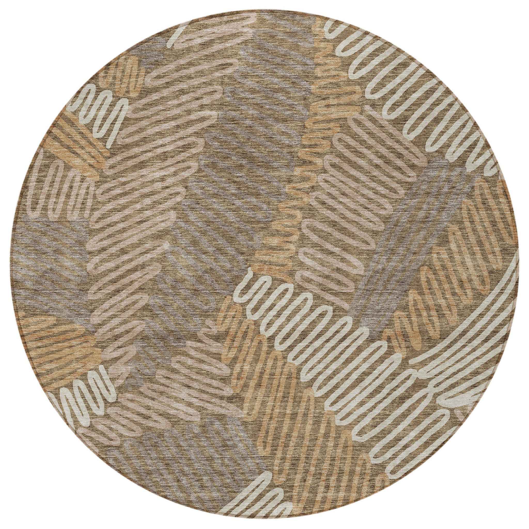 8' Brown And Ivory Round Floral Washable Indoor Outdoor Area Rug