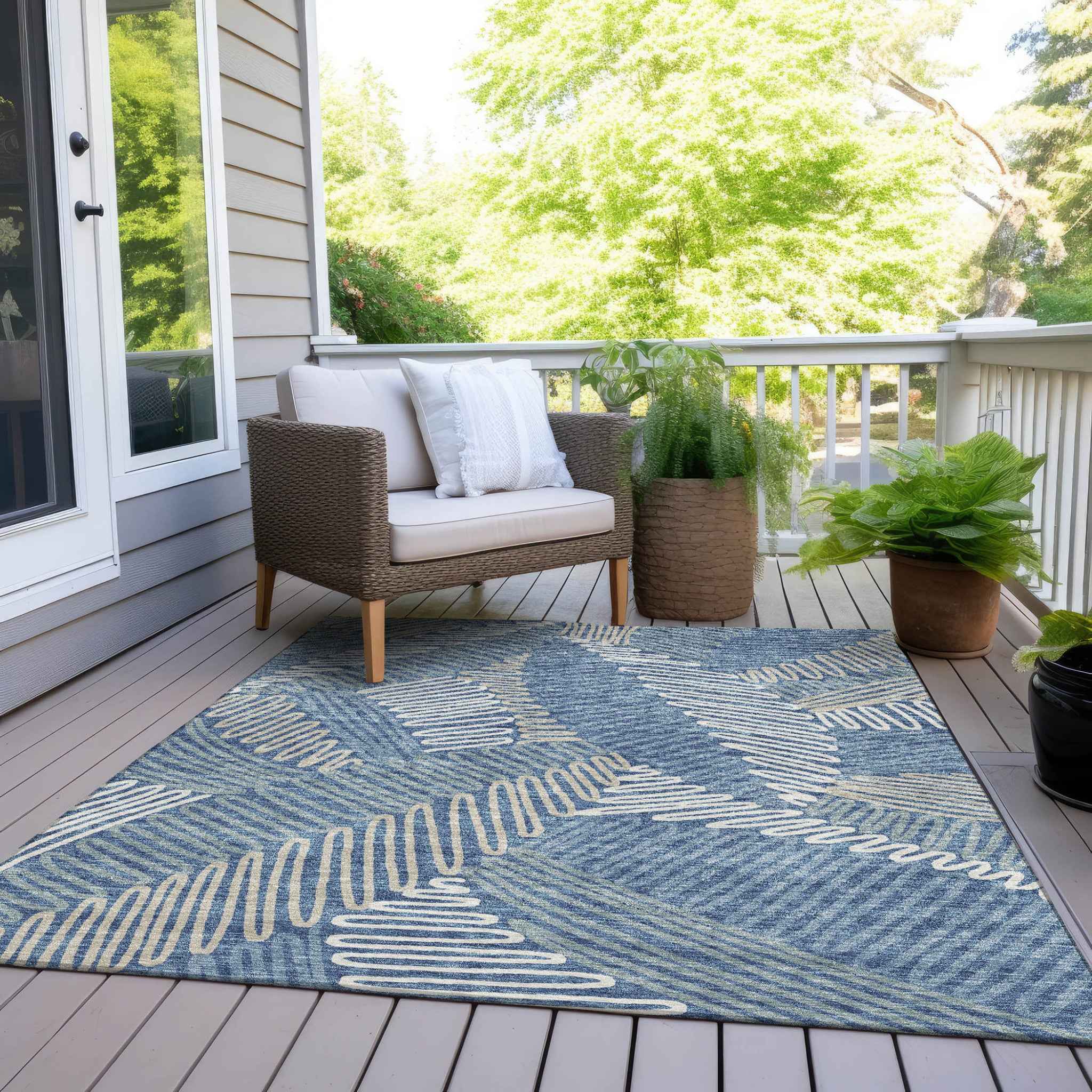 9' X 12' Blue Gray And Ivory Floral Washable Indoor Outdoor Area Rug