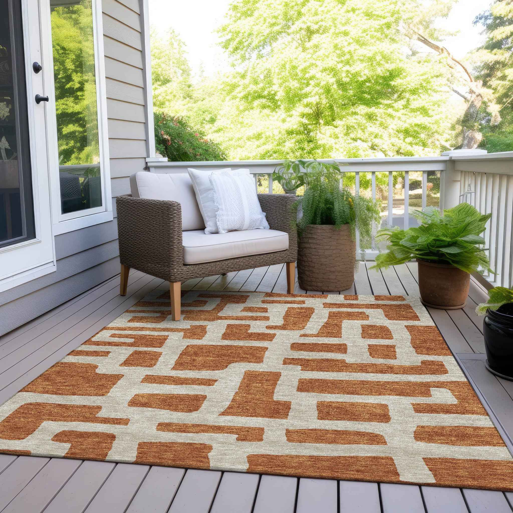 8' X 10' Terra Cotta And Gray Abstract Washable Indoor Outdoor Area Rug