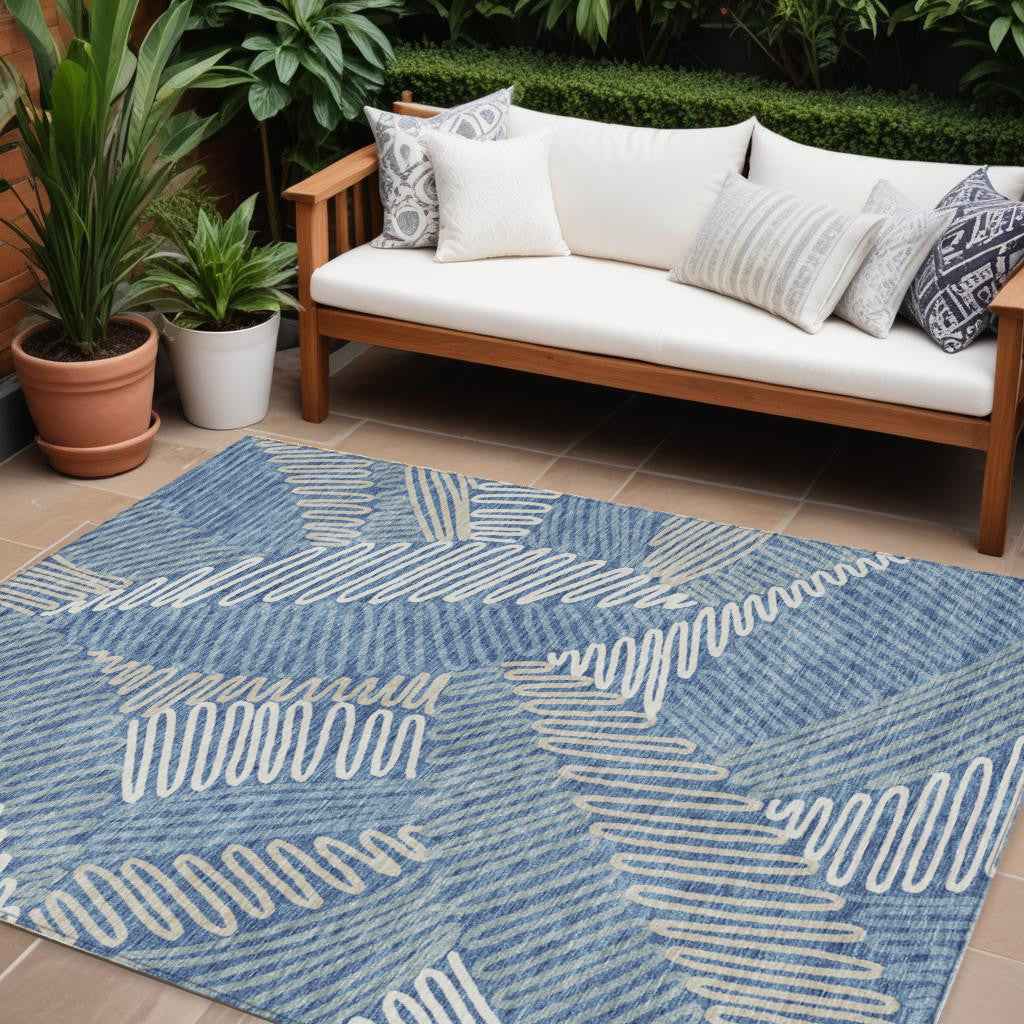 8' X 10' Blue Gray And Ivory Floral Washable Indoor Outdoor Area Rug