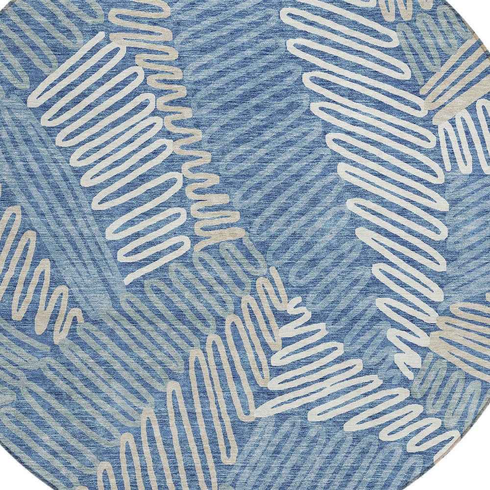 8' Blue Gray And Ivory Round Floral Washable Indoor Outdoor Area Rug