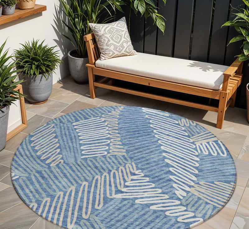 8' Blue Gray And Ivory Round Floral Washable Indoor Outdoor Area Rug