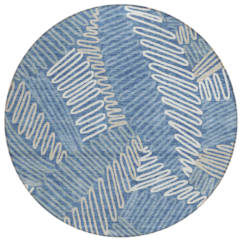 8' Blue Gray And Ivory Round Floral Washable Indoor Outdoor Area Rug