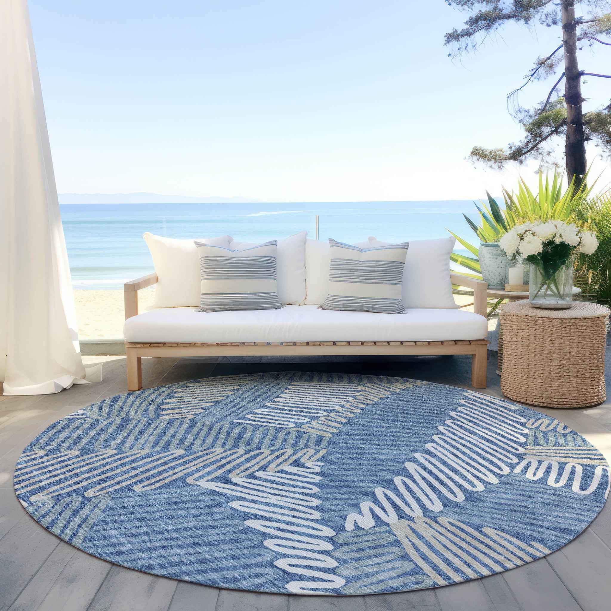 8' Blue Gray And Ivory Round Floral Washable Indoor Outdoor Area Rug