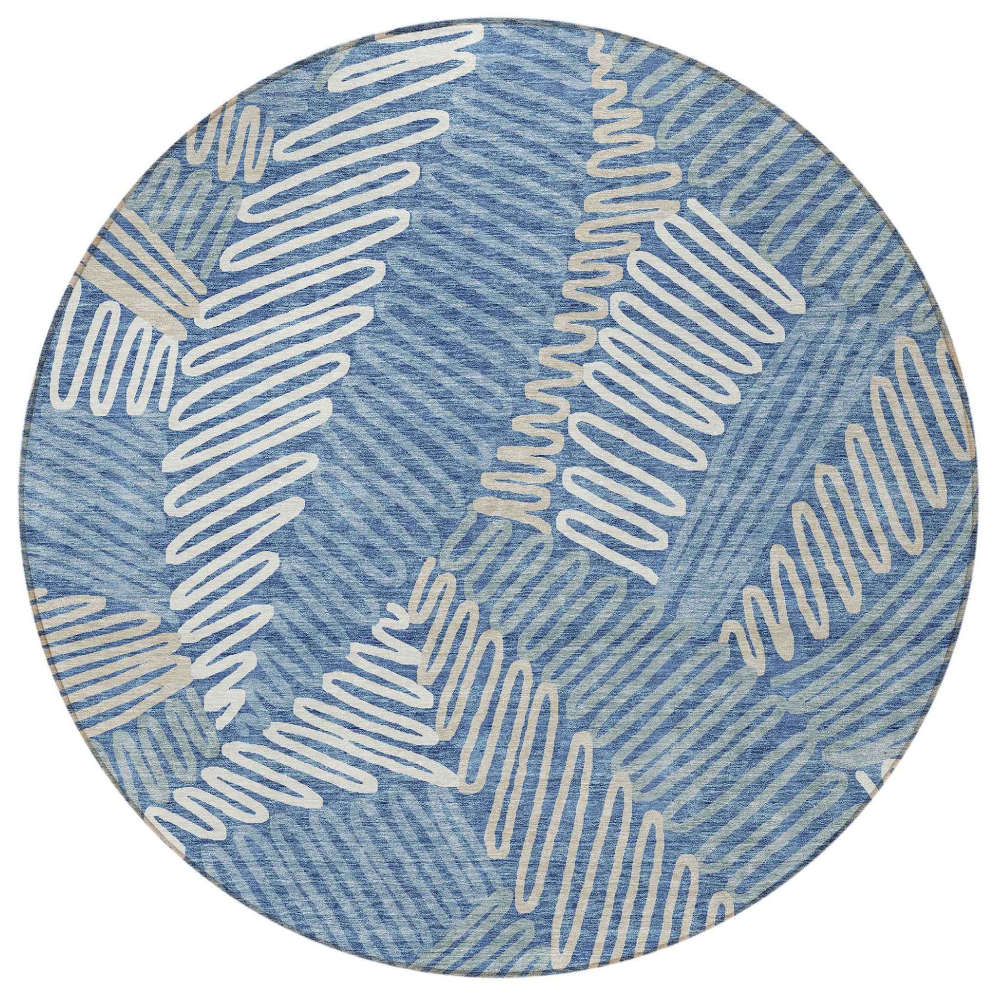 8' Blue Gray And Ivory Round Floral Washable Indoor Outdoor Area Rug