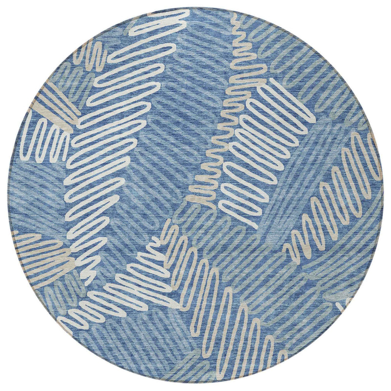 8' Blue Gray And Ivory Round Floral Washable Indoor Outdoor Area Rug