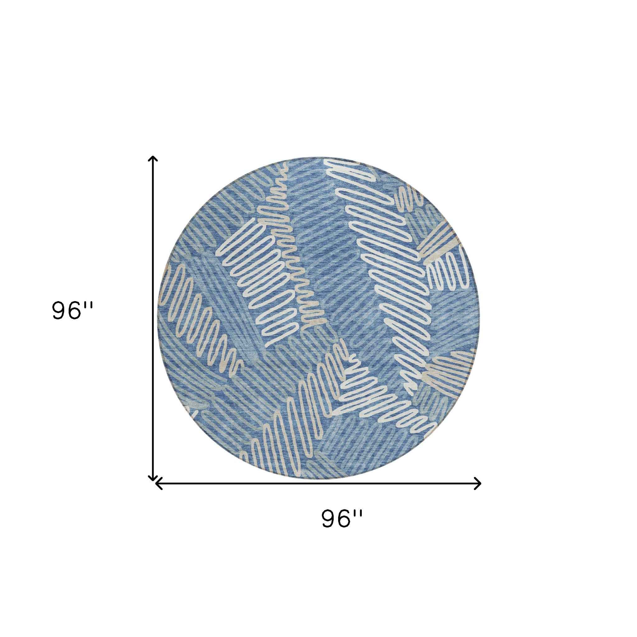 8' Blue Gray And Ivory Round Floral Washable Indoor Outdoor Area Rug