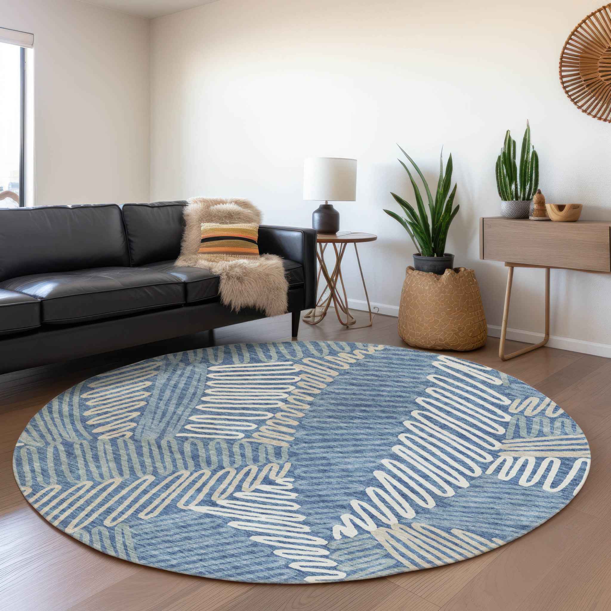 8' Blue Gray And Ivory Round Floral Washable Indoor Outdoor Area Rug