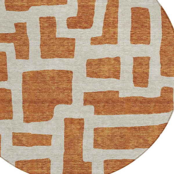 8' Terra Cotta And Gray Round Abstract Washable Indoor Outdoor Area Rug