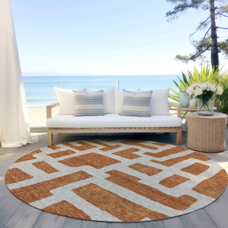 8' Terra Cotta And Gray Round Abstract Washable Indoor Outdoor Area Rug