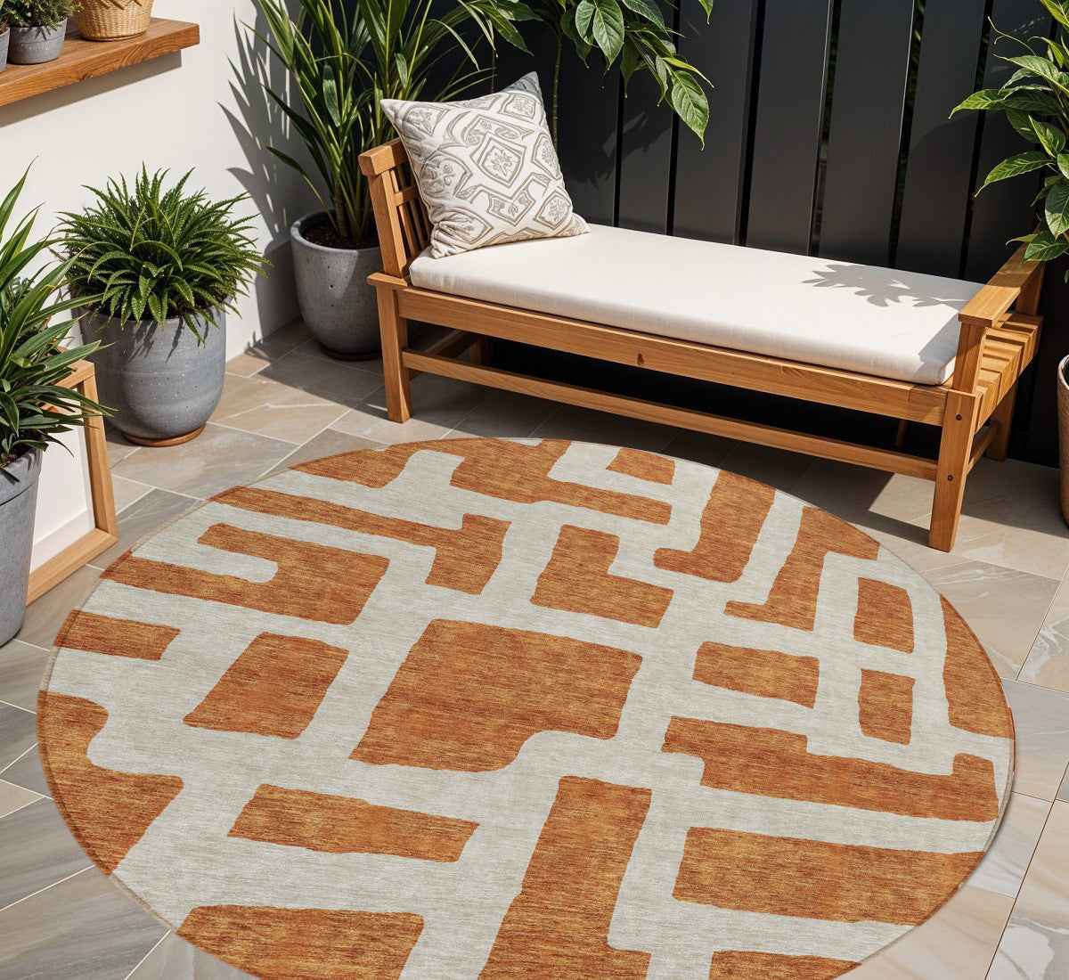 8' Terra Cotta And Gray Round Abstract Washable Indoor Outdoor Area Rug