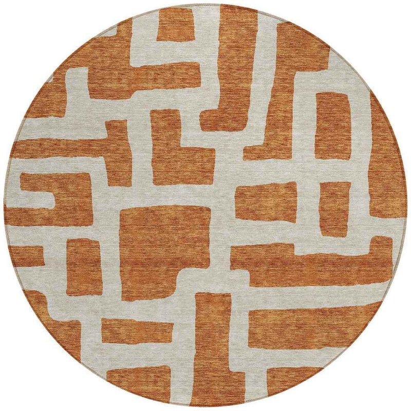 8' Terra Cotta And Gray Round Abstract Washable Indoor Outdoor Area Rug