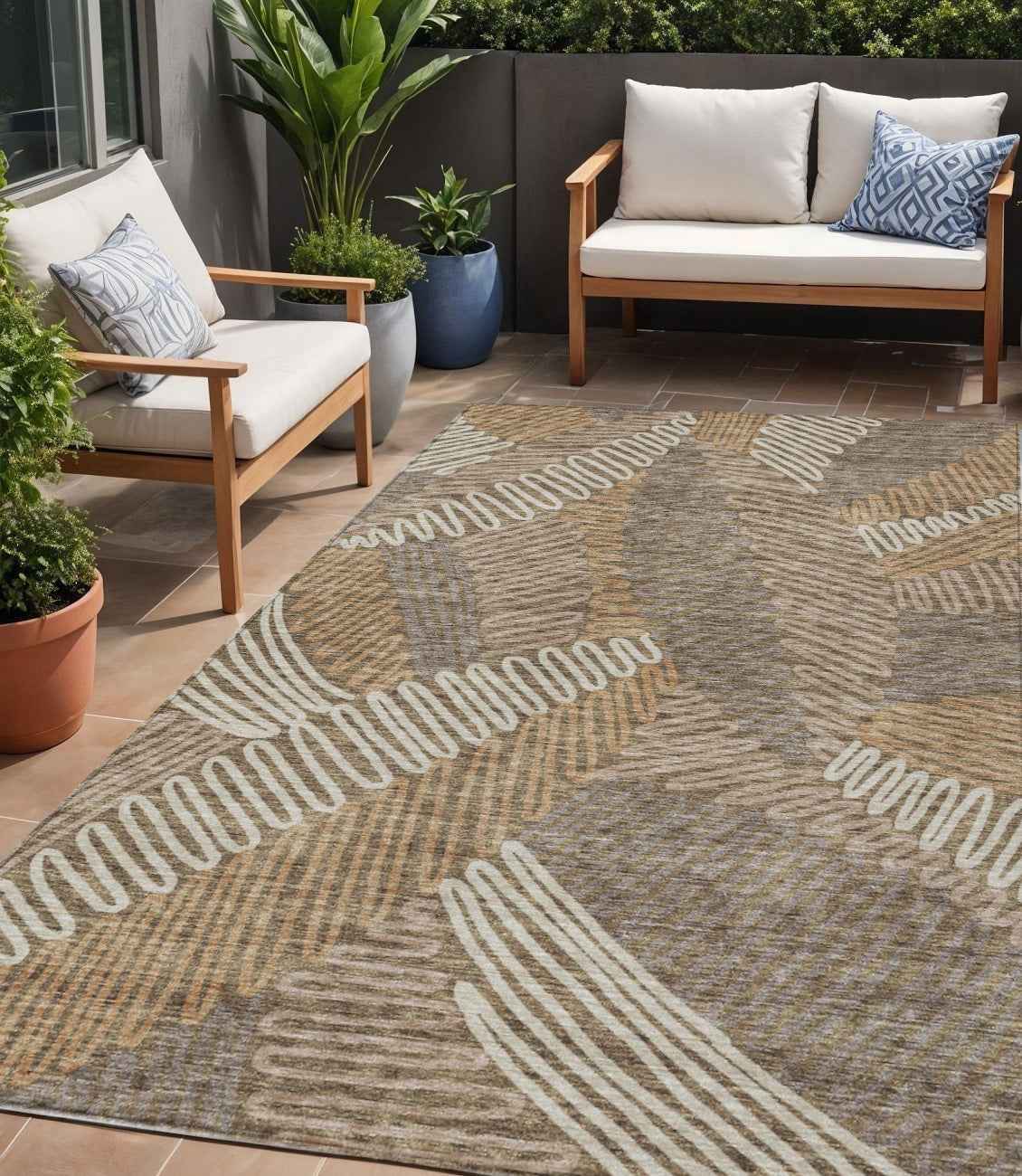 5' X 8' Brown And Ivory Floral Washable Indoor Outdoor Area Rug