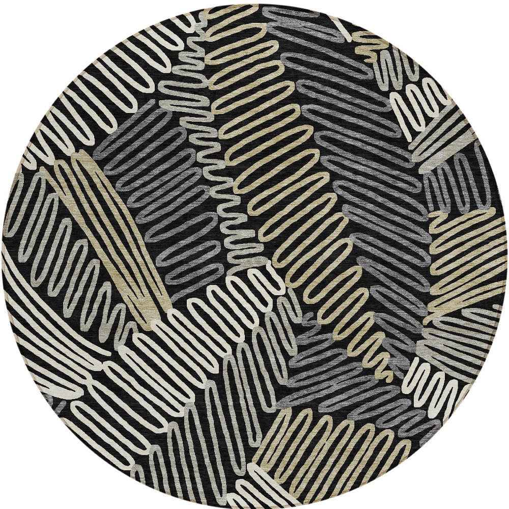 8' Black Gray And Ivory Round Floral Washable Indoor Outdoor Area Rug