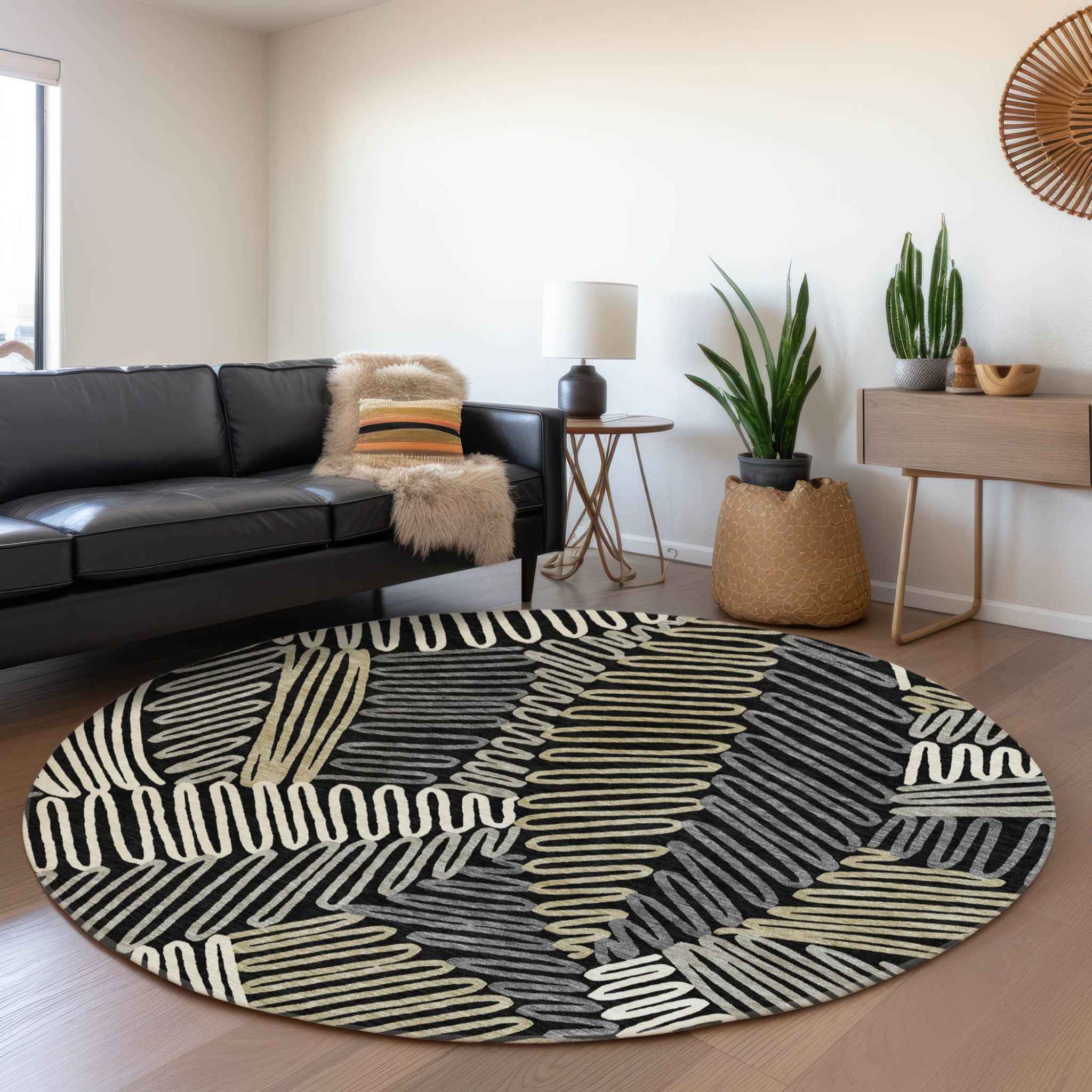 8' Black Gray And Ivory Round Floral Washable Indoor Outdoor Area Rug
