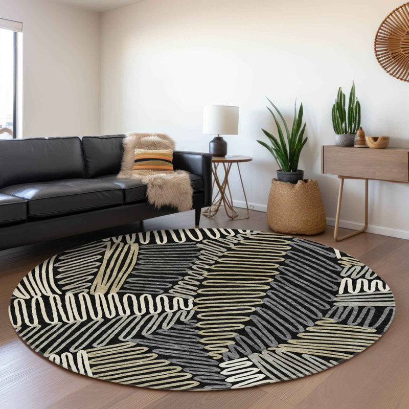 8' Black Gray And Ivory Round Floral Washable Indoor Outdoor Area Rug