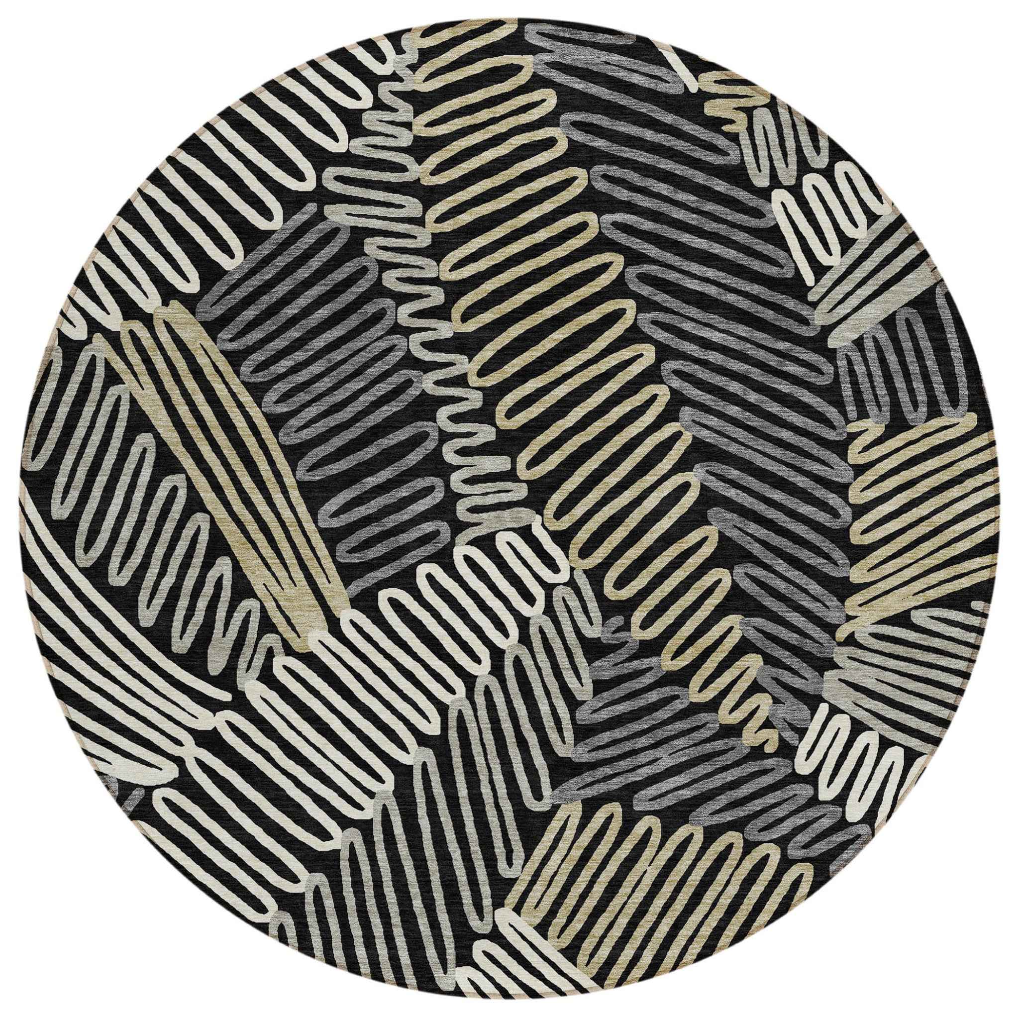 8' Black Gray And Ivory Round Floral Washable Indoor Outdoor Area Rug