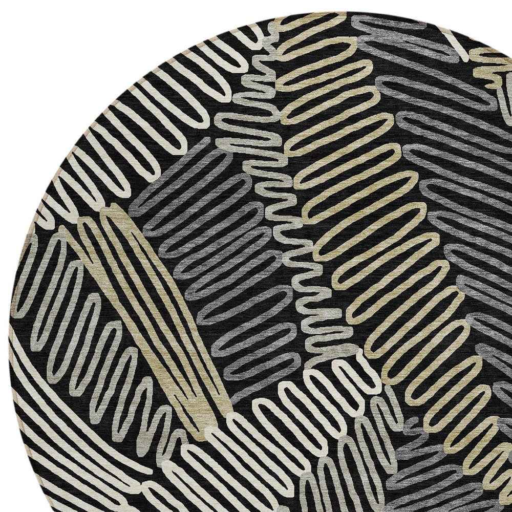 8' Black Gray And Ivory Round Floral Washable Indoor Outdoor Area Rug