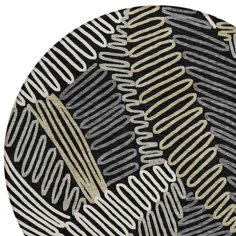 8' Black Gray And Ivory Round Floral Washable Indoor Outdoor Area Rug