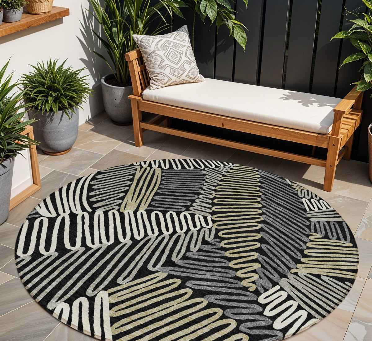 8' Black Gray And Ivory Round Floral Washable Indoor Outdoor Area Rug