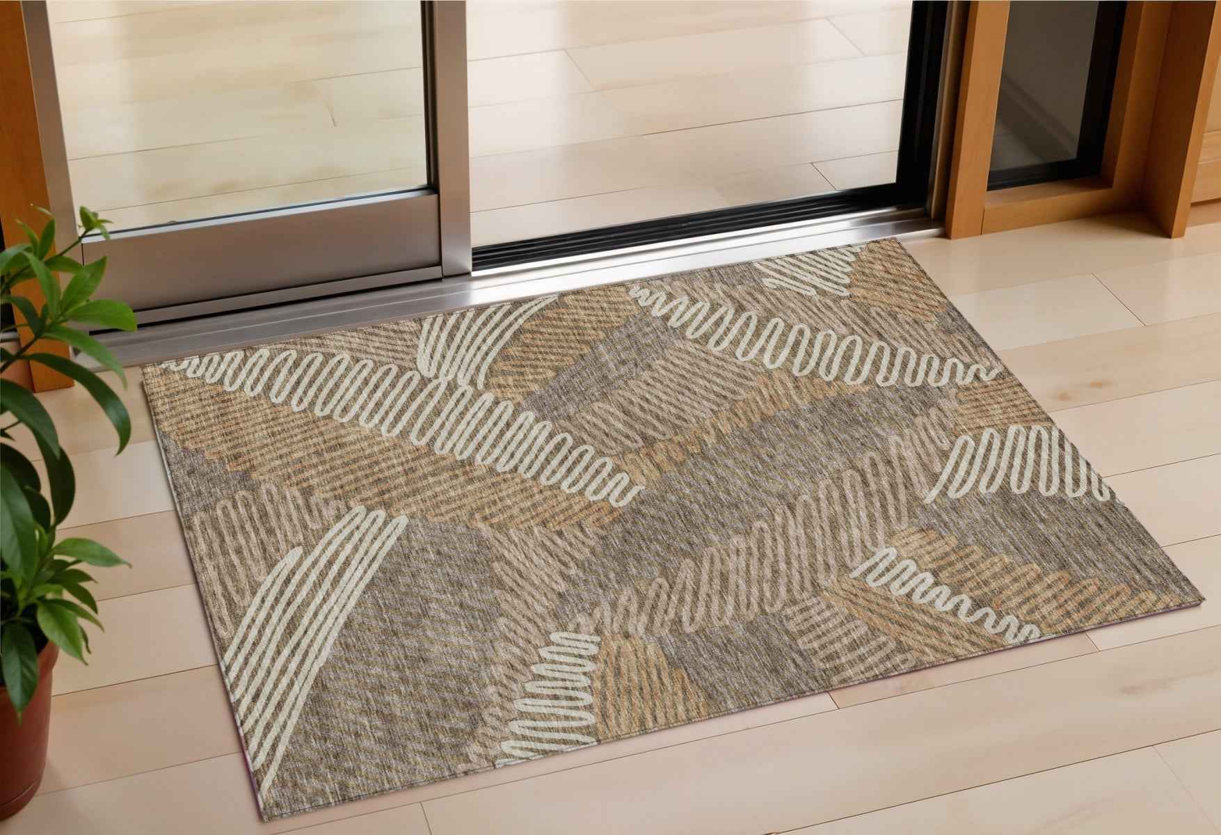 3' X 5' Brown And Ivory Floral Washable Indoor Outdoor Area Rug