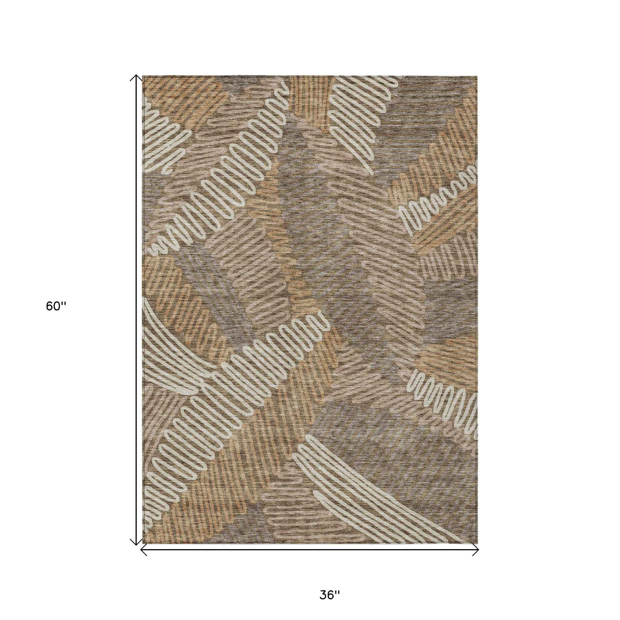 3' X 5' Brown And Ivory Floral Washable Indoor Outdoor Area Rug