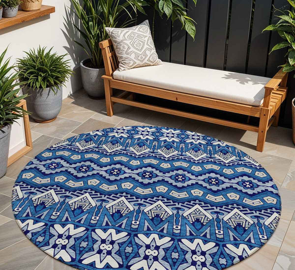 8' Navy Blue And Ivory Round Moroccan Washable Indoor Outdoor Area Rug