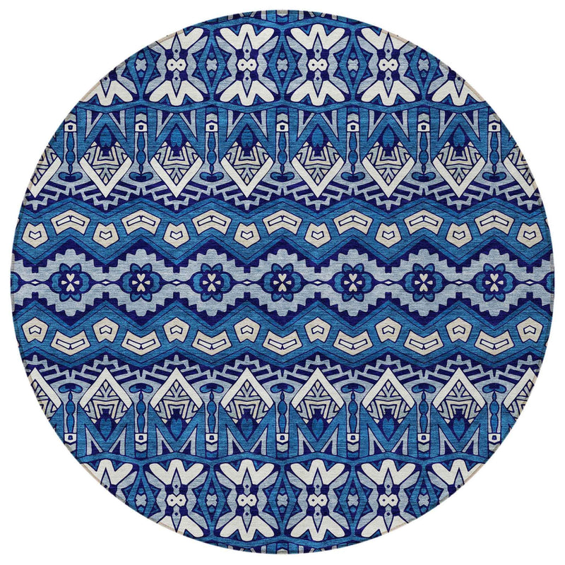 8' Navy Blue And Ivory Round Moroccan Washable Indoor Outdoor Area Rug