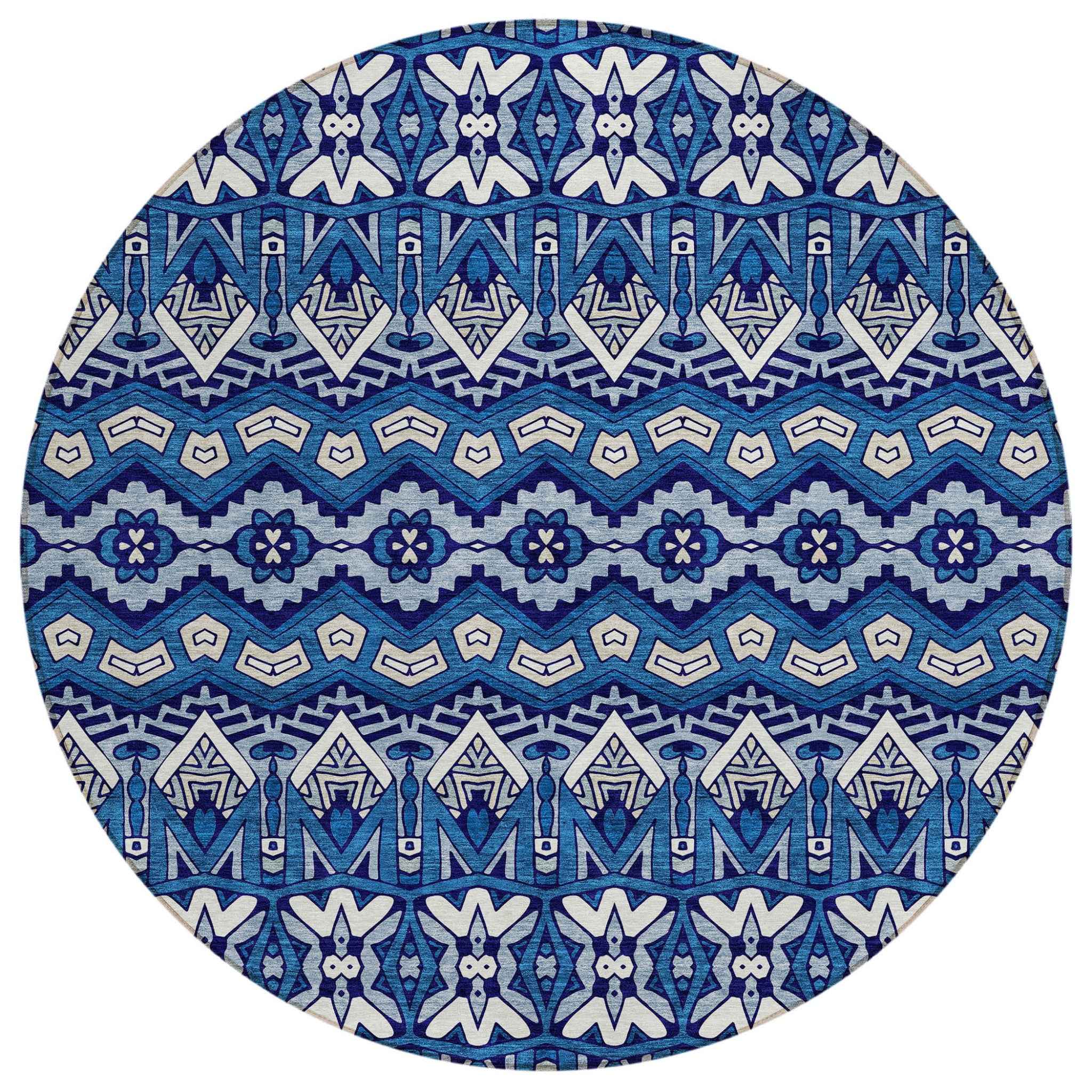 8' Navy Blue And Ivory Round Moroccan Washable Indoor Outdoor Area Rug