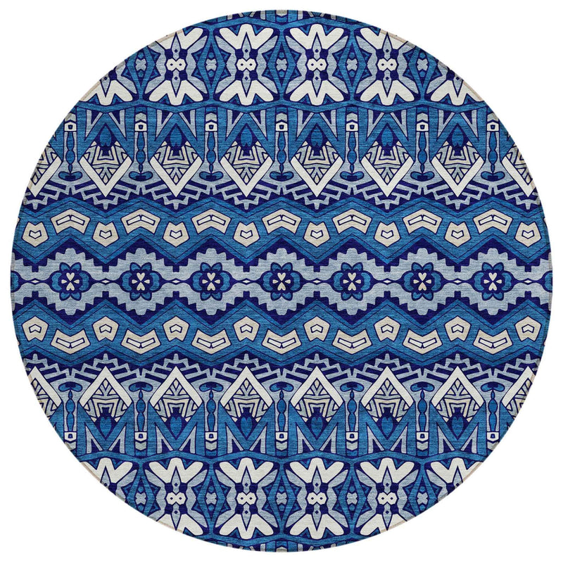 8' Navy Blue And Ivory Round Moroccan Washable Indoor Outdoor Area Rug