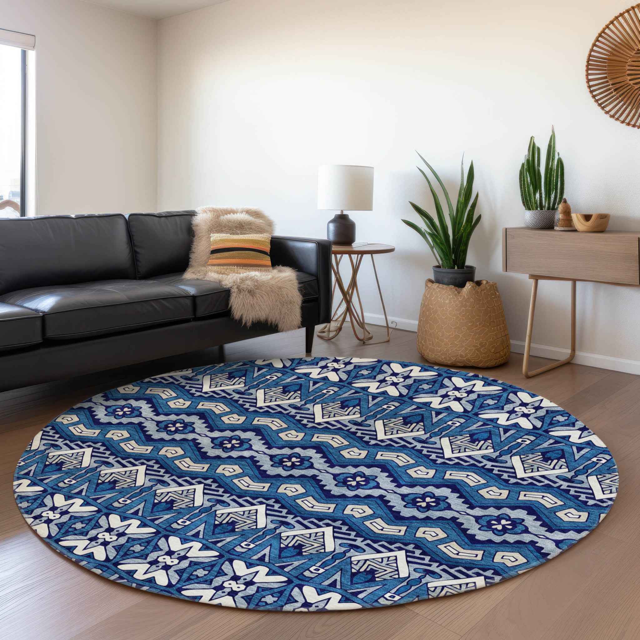 8' Navy Blue And Ivory Round Moroccan Washable Indoor Outdoor Area Rug