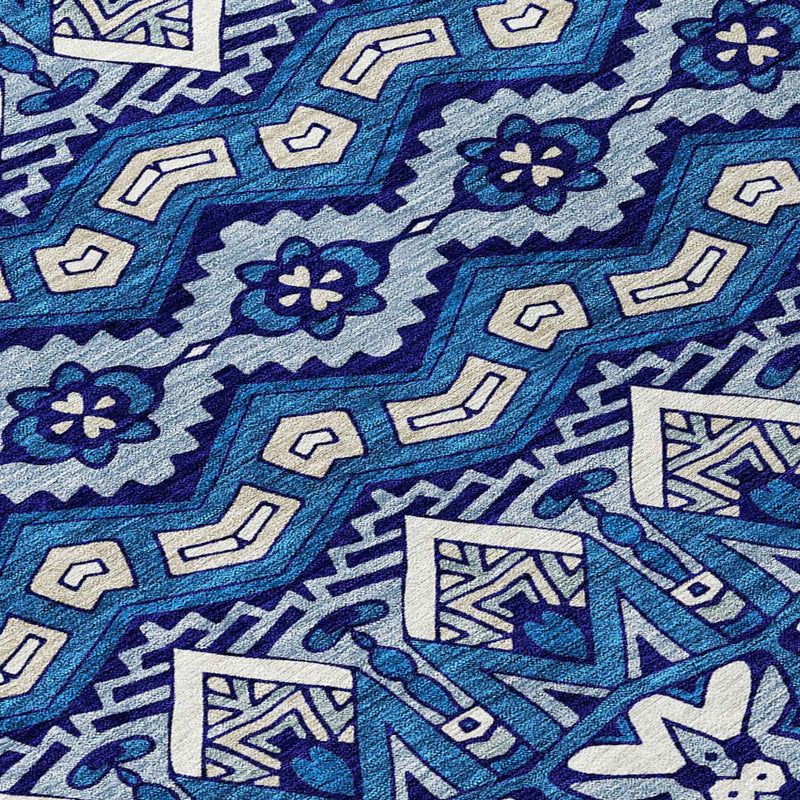 8' Navy Blue And Ivory Round Moroccan Washable Indoor Outdoor Area Rug